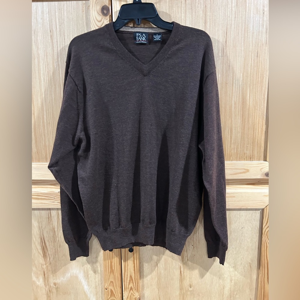 Jos. A. Bank Dark Brown V-Neck Merino Wool Sweater Sz L
